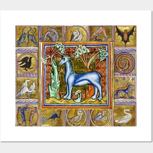 MEDIEVAL BESTIARY,UNICORN,FANTASTIC ANIMALS IN GOLD RED BLUE COLORS Posters and Art